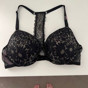 Black and Gold Lace Push Up Bra with Front Clip